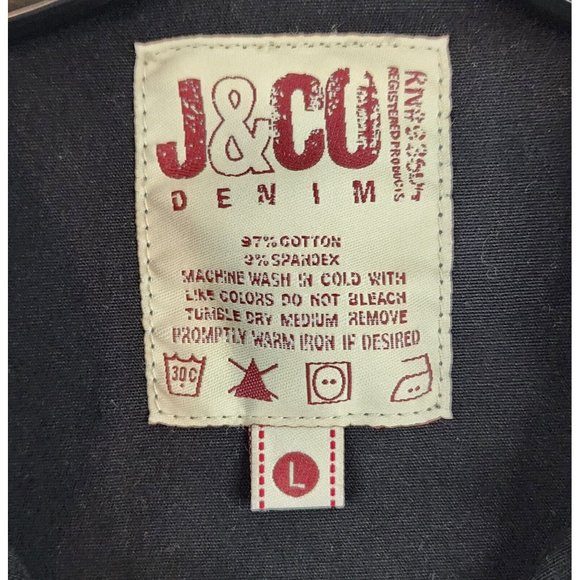 J & Co Denim Jacket Womens Large Black Distressed Retro Buckle Accent Full Zip - Picture 3 of 10